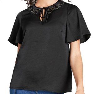ModCloth Satin Flutter Sleeve Solid Black Blouse Size S NWT